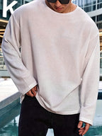 Men's Casual Long-Sleeve T-Shirt, Gym Training Top, Loose and Breathable Pullover, Crew Neck Base Layer, Textured Knit Sweatshirt - White