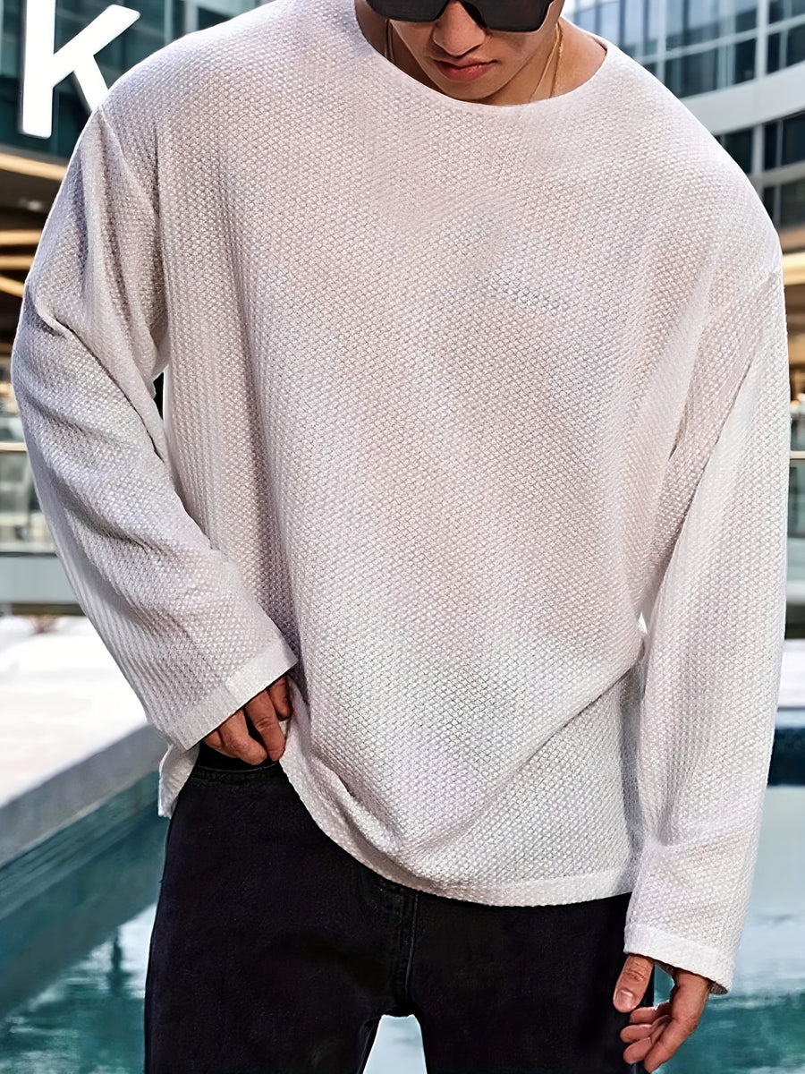 Men's Casual Long-Sleeve T-Shirt, Gym Training Top, Loose and Breathable Pullover, Crew Neck Base Layer, Textured Knit Sweatshirt - White