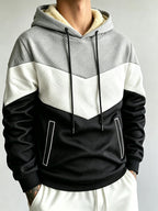 1pc Men'S Color-Block Patchwork Hooded Pullover Sweatshirt, Multi-Color Warm Textured Men'S Hoodie, Drawstring Kangaroo Pocket Warm Hooded Top, Casual Street Style Regular Fit Fall/Winter Sweatshirt, Multi-Color Patchwork Long Sleeve Hoodie - Light Gray,, Black
