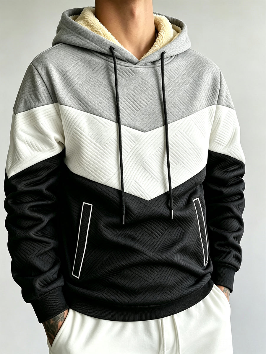 1pc Men'S Color-Block Patchwork Hooded Pullover Sweatshirt, Multi-Color Warm Textured Men'S Hoodie, Drawstring Kangaroo Pocket Warm Hooded Top, Casual Street Style Regular Fit Fall/Winter Sweatshirt, Multi-Color Patchwork Long Sleeve Hoodie - Light Gray,, Black
