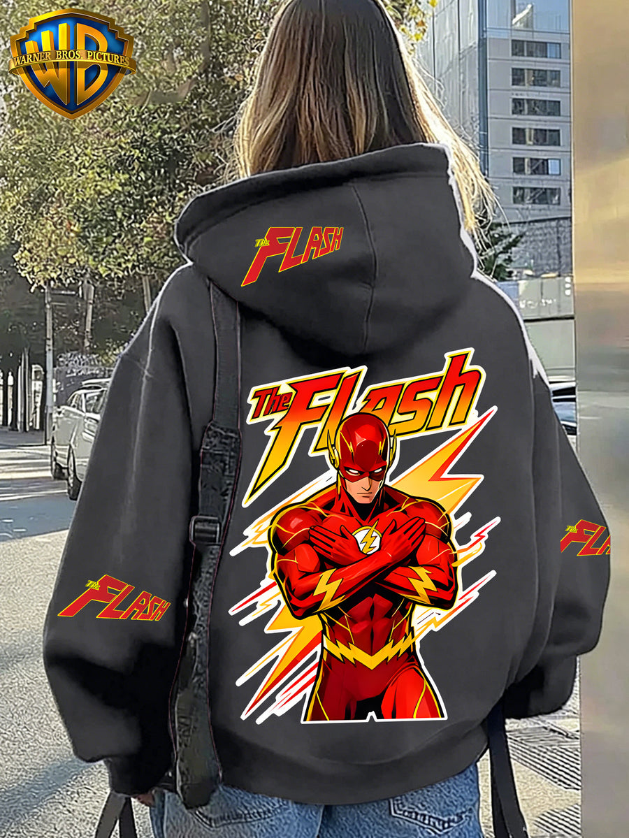 Warner Bros. DC The Flash Crossed Arms Hero Lightning Logo Multi-Position Letter Print Hooded Sweatshirt, Trendy Superhero Fan Outing, Shopping, Campus Commuting, Fashionable and Versatile Drawstring Long-Sleeve Printed Women's Casual Pullover Hoodie - Grey