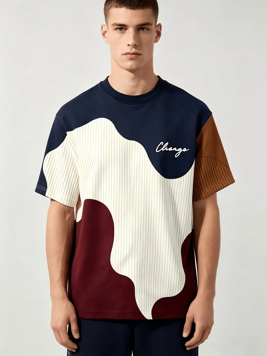 Men'S Casual Round Neck T-Shirt, Geometric Pattern Patchwork Striped Design, Chicago Word Pattern, Drapey Fashion Top, All-Season Wear, Breathable Regular Fit for Casual And Formal Outfits - Round Neck Casual Top - Mixed colors