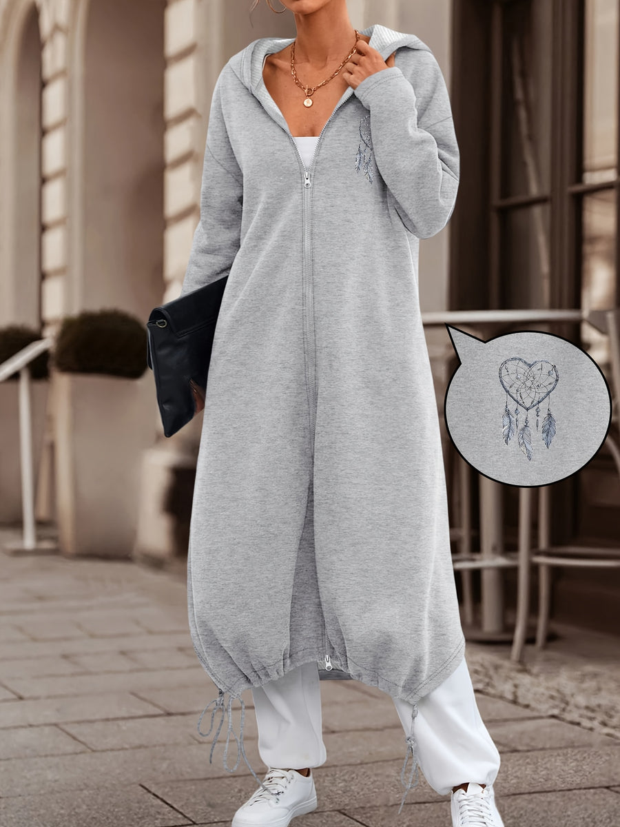 Autumn And Winter Women'S Casual Fashion Long Hooded Coat Pattern Printed in Heart Shape on The Front And Back, Comfortable And Casual, Suitable for Daily Commuting And Multiple Scenes - Grey