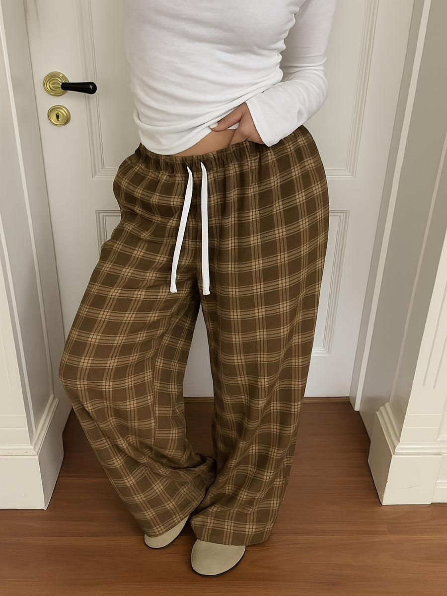 Women'S Plaid Print Loose Wide Leg Pants | Casual Drawstring Elastic Waist, Suitable for Fall/Winter Weekend Outings - Brown