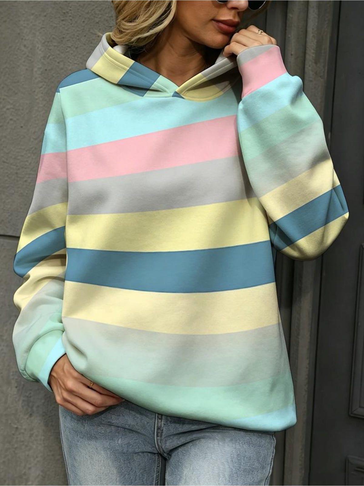 New Women's Casual Hoodie, Macaron Colored Horizontal Stripe Contrast Color Loose Sweatshirt Design, Printed Design – Not Textured - Mixed colors