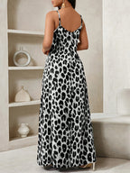 Elegant Leopard Print Slingback Dress | V-neck, Color Block, All-season, Suitable for Adults - Grey