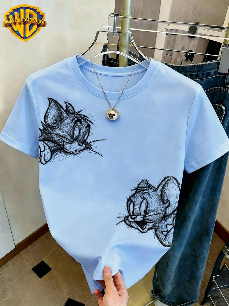 WB Women's Warner Bros. Licensed Two-Cartoon T-Shirt - Messy Sketch Line Print Crew Neck Short-Sleeve Top with Iconic WB Suitable for Casual Daily Wear,, Office & Outfits - Light Blue