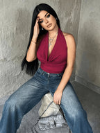 Women'S Slim Fit Fashion Backless Halter Top - Burgundy