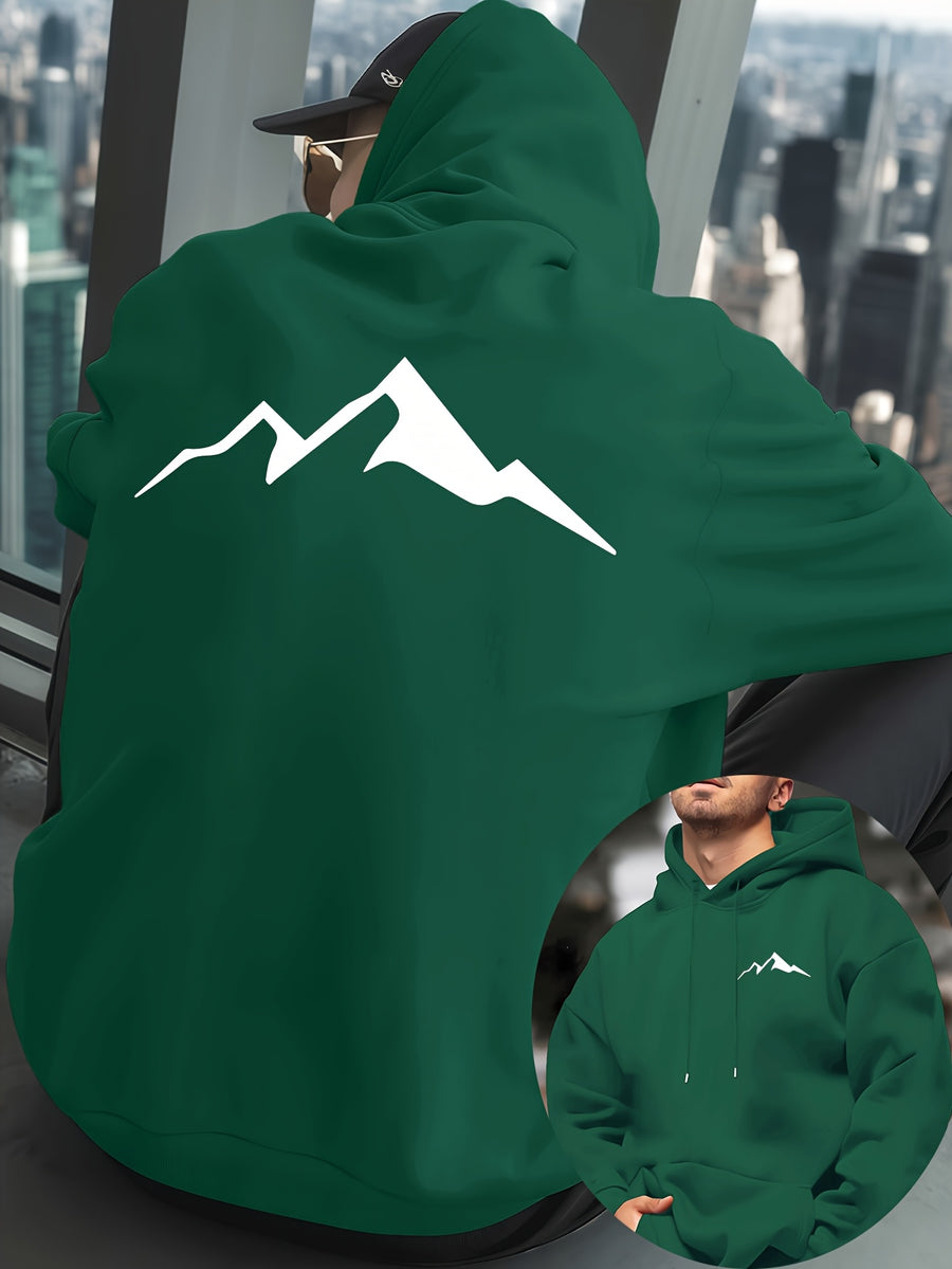 Mountain Men'S New Trendy Autumn Winter Hooded Sweatshirt, Casual Daily Drawstring Hoodie Creative Design Print, Kangaroo Pocket, Unisex Top - Dark Green