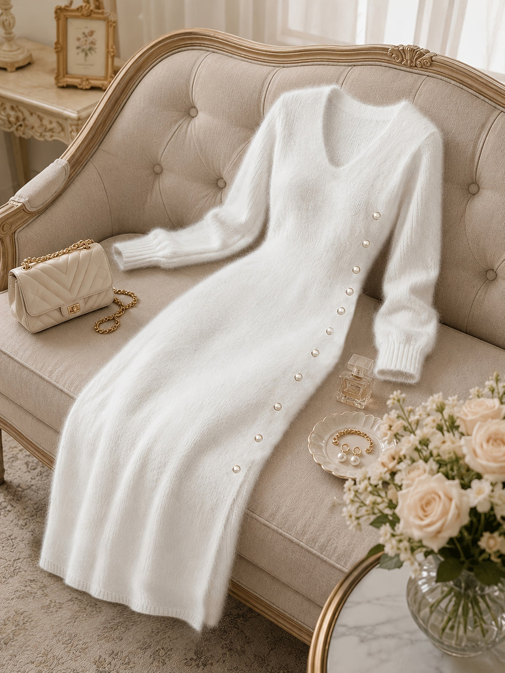 Women's Casual Plush Maxi Dress, V-Neck Long Sleeve Button Front Split Sweater Dress, Versatile for Autumn/Winter Daily Commuting, Soft and Comfortable Fabric, Christmas Style, Suitable for Party Outfits and Banquet Attire - White