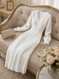 Women's Casual Plush Maxi Dress, V-Neck Long Sleeve Button Front Split Sweater Dress, Versatile for Autumn/Winter Daily Commuting, Soft and Comfortable Fabric, Christmas Style, Suitable for Party Outfits and Banquet Attire - White