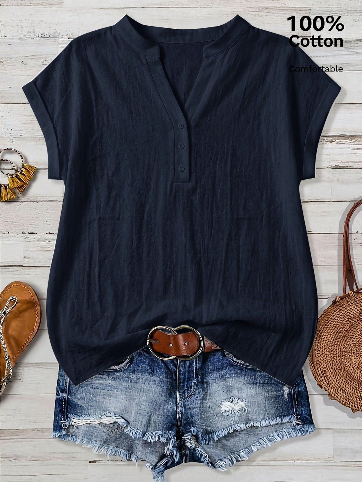 100% Short Sleeve Shirt, Casual Vacation Wear for Summer, V-Neck Design, Country Style Clothing for Women, Suitable for All Occasions, Ideal Choice for Holidays - Blue