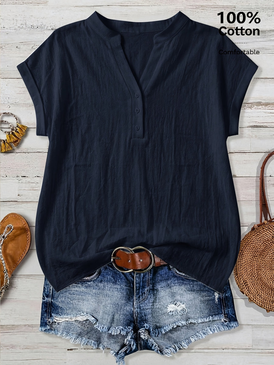 100% Short Sleeve Shirt, Casual Vacation Wear for Summer, V-Neck Design, Country Style Clothing for Women, Suitable for All Occasions, Ideal Choice for Holidays - Blue