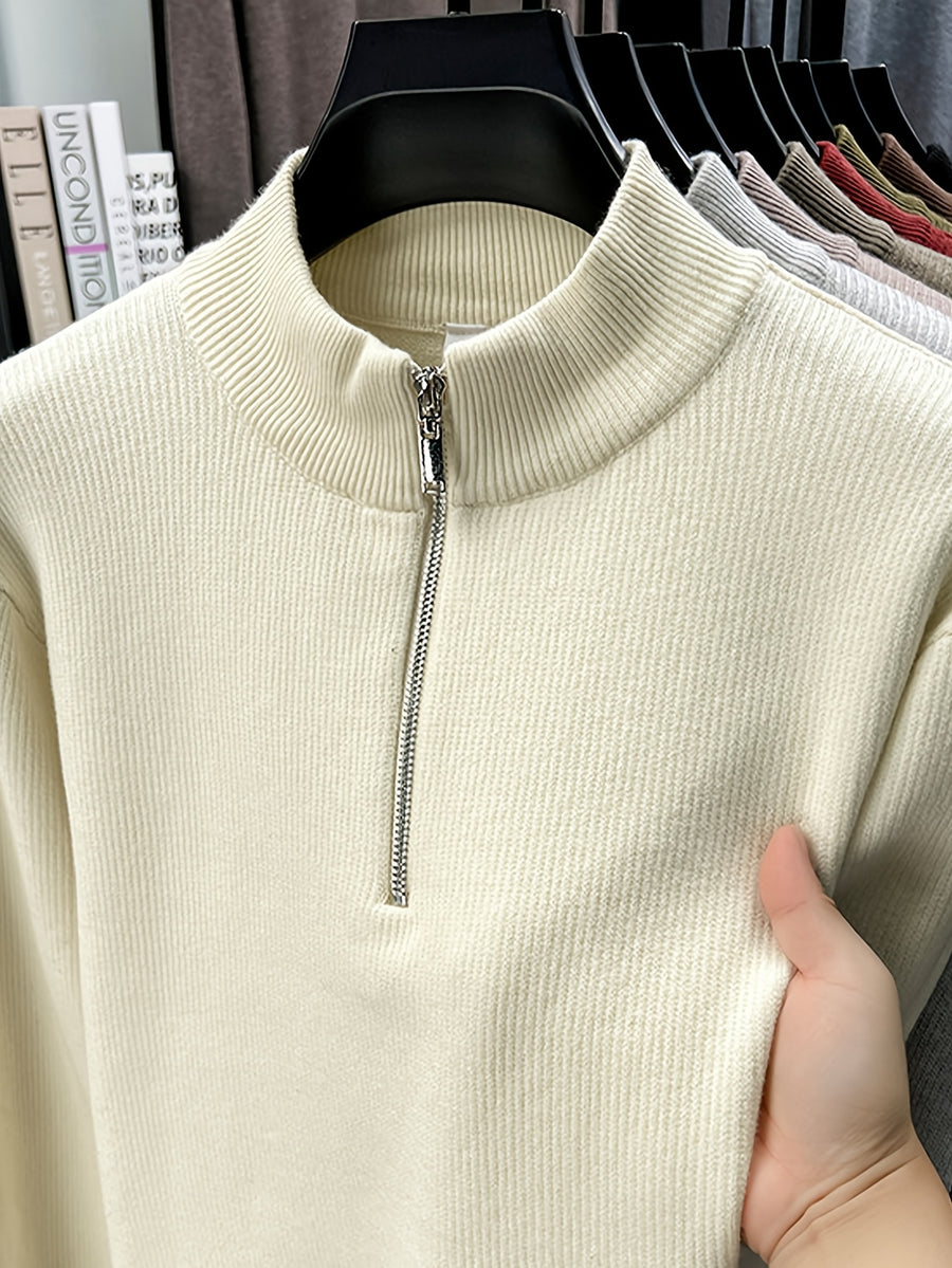 Men'S Half-Zip Stand Collar Knit Sweater, Non-Tight Loose Fit, Suitable for Most Men, Versatile Base Layer - SINBOS - Off-white