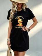 [Printed Design - Not Textured] Casual Women Dress Funny Duckling Graphic Print Summer Beach Vacation Gift for Friend 100% Polyester - Black