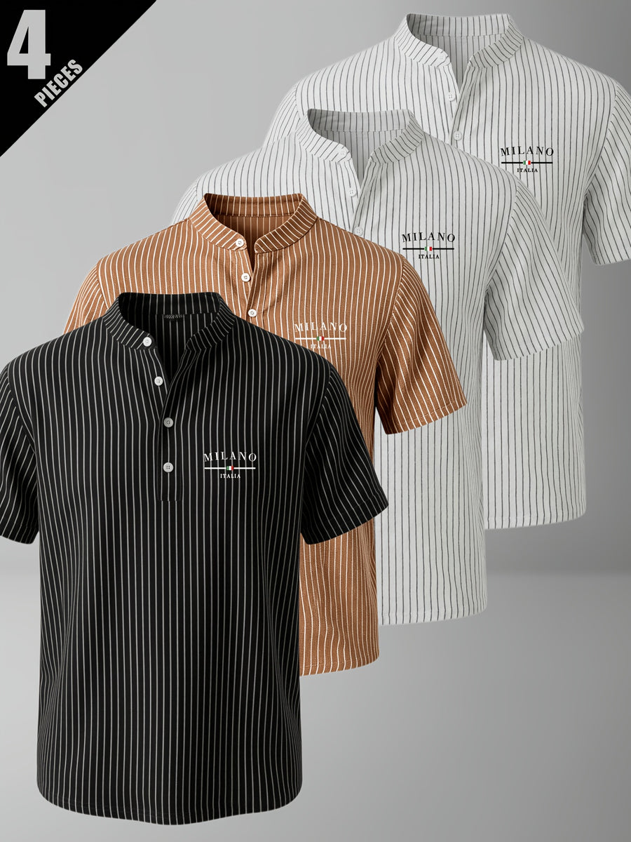 4pcs Men'S Summer Striped Linen Blend Henley Shirts, Milan Print Stand Collar Breathable Short Sleeve, Office Casual Versatile Top - Mixed Color 7