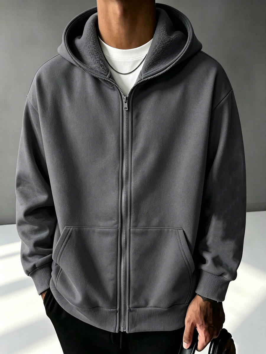 New Men'S Solid Color Autumn Winter Casual Athletic Top Men'S Hooded Zipper Sweatshirt - Grey