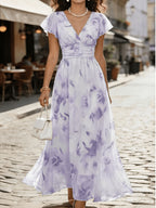 V-Neck Floral Print Long Dress Women'S Elegant Ruffled Sleeve Waist Casual Vacation Dress - Lavender