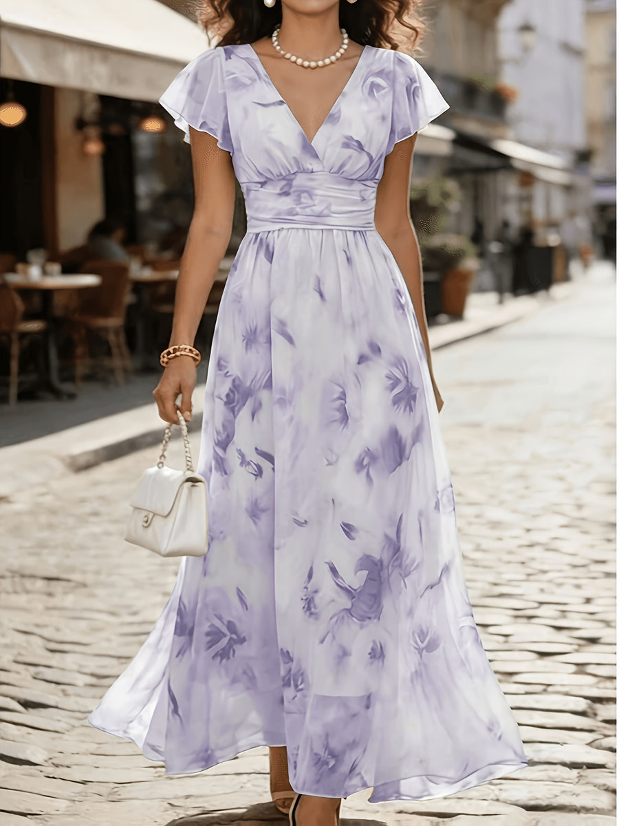 V-Neck Floral Print Long Dress Women'S Elegant Ruffled Sleeve Waist Casual Vacation Dress - Lavender