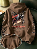 Limited-Time Special Offer: Single-pc Unisex Black Knitted Hooded Sweatshirt with Anime Boy Portrait Graffiti and English Print, Trendy Cool Anime-Style Loose Drop-Shoulder Hoodie for Spring/Autumn, Casual Wear for Outings and Gatherings - Coffee Color