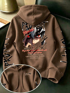 Limited-Time Special Offer: Single-pc Unisex Black Knitted Hooded Sweatshirt with Anime Boy Portrait Graffiti and English Print, Trendy Cool Anime-Style Loose Drop-Shoulder Hoodie for Spring/Autumn, Casual Wear for Outings and Gatherings - Coffee Color