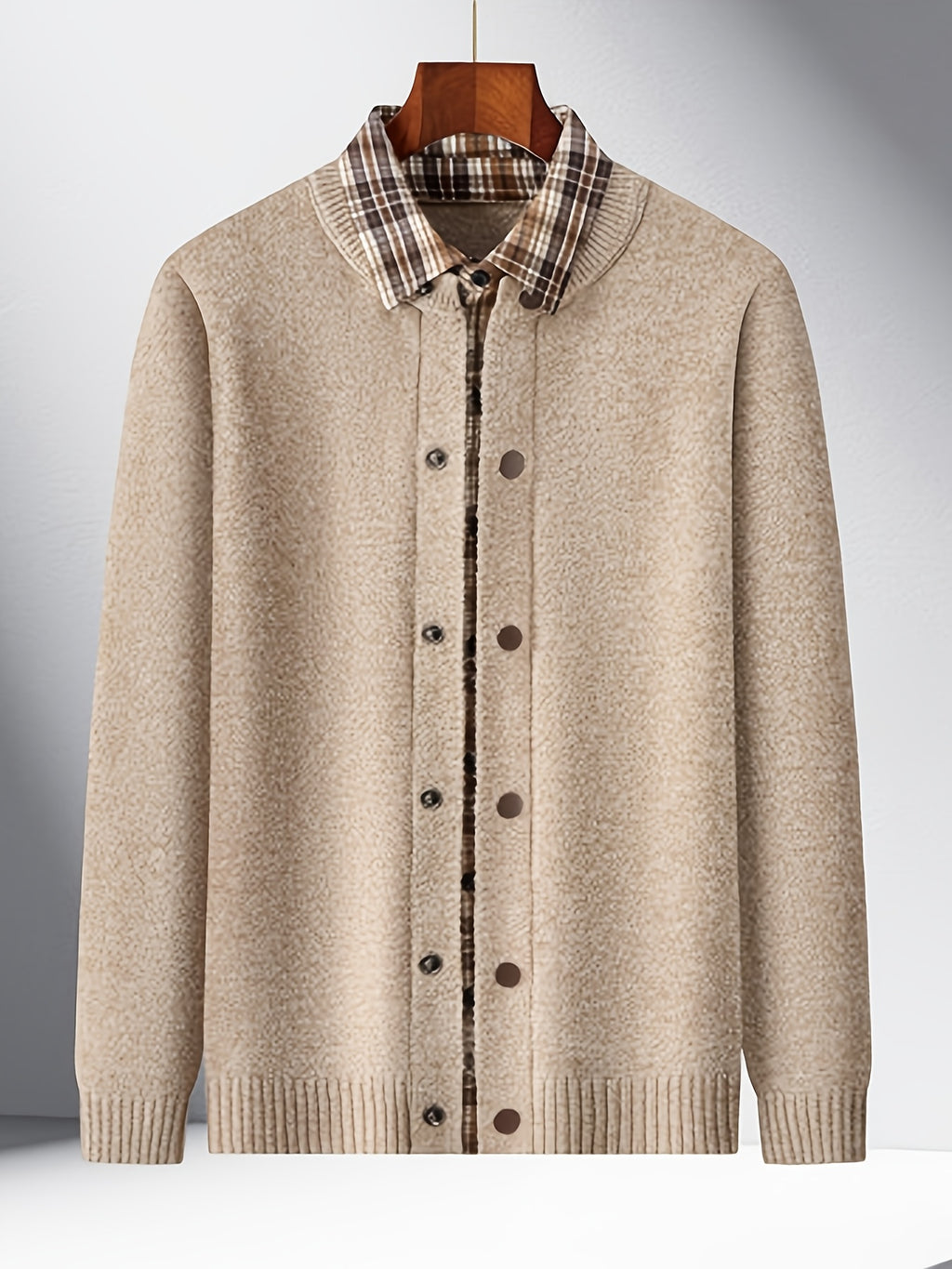 Men'S Oatmeal Knit Cardigan, Faux Two-Piece Plaid Shirt Collar Single Button, Business Casual Spring Autumn Regular Fit, Commuting Office - Beige Camel