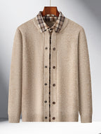 Men'S Oatmeal Knit Cardigan, Faux Two-Piece Plaid Shirt Collar Single Button, Business Casual Spring Autumn Regular Fit, Commuting Office - Beige Camel