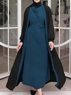 New Style Middle Eastern Muslim 2pcs Abaya Set - Women's Modest Stylish Black & Teal Contrast Long Coat & Wrap Neck Belted Dress for Ramadan Daily & Gatherings - Peacock Blue