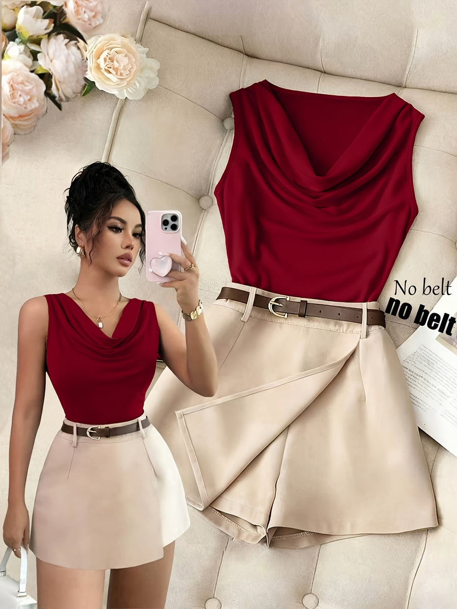 ZD260407049This New Spring/summer Women's Sleeveless Slim-fit Brown Vest Features a Ruffled Neckline and Comes with an Apricot Wide-leg Skirt. This 2pcs Outfit Is Suitable for Casual Attire, Business Occasions, Dates, and Various Other Events. - Burgundy
