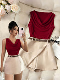 ZD260407049This New Spring/summer Women's Sleeveless Slim-fit Brown Vest Features a Ruffled Neckline and Comes with an Apricot Wide-leg Skirt. This 2pcs Outfit Is Suitable for Casual Attire, Business Occasions, Dates, and Various Other Events. - Burgundy