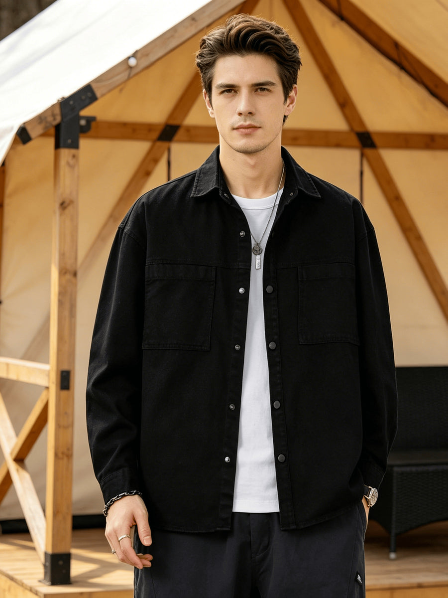 Men'S Cargo Long Sleeve Shirt, Pure Casual Blouse Loose Multi-Pocket Design Breathable Durable Fabric Street Outing Light Outdoor Camping Versatile Casual Top - Black