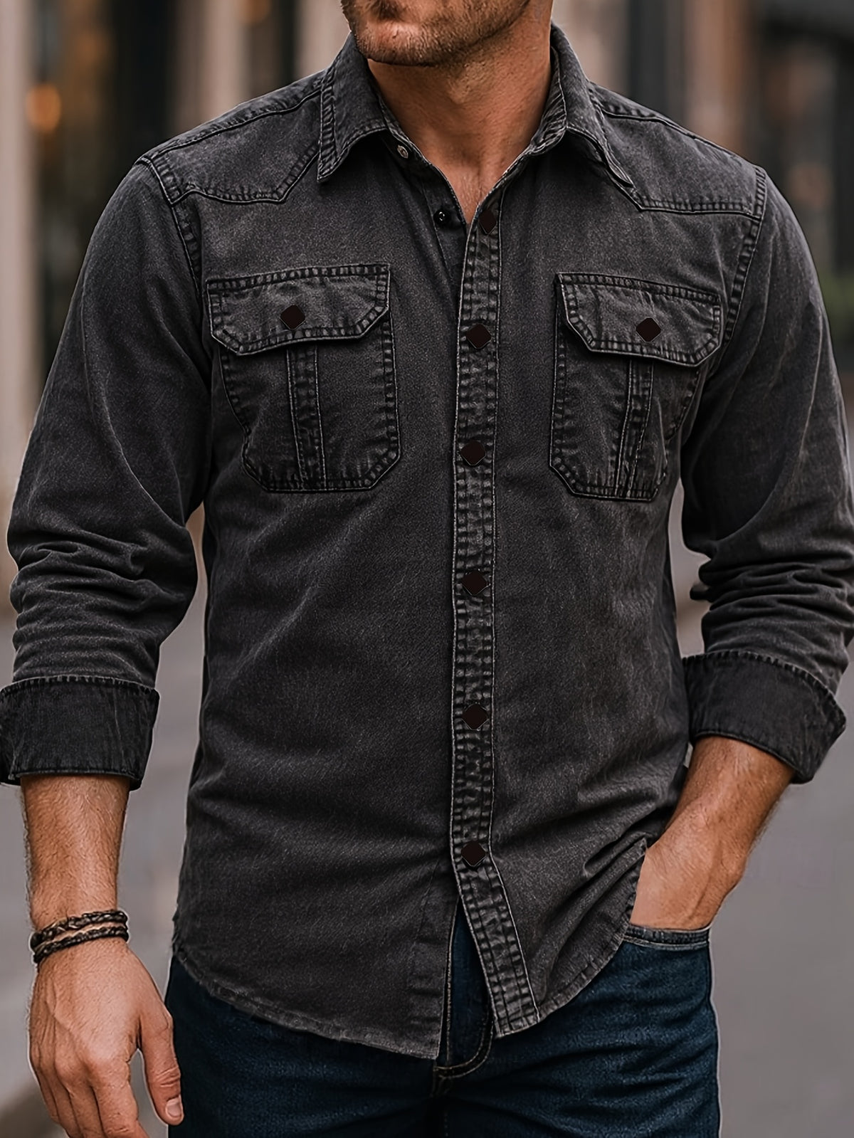 Men's New Spring/Autumn Black Denim Shirt, American Vintage Washed & Distressed Craft, Workwear Style Lapel Long Sleeve Shirt, 3D Double Pockets with Quadrilateral Buttons, Casual Versatile Slim Fit, Suitable for Daily Commute & Streetwear - Black