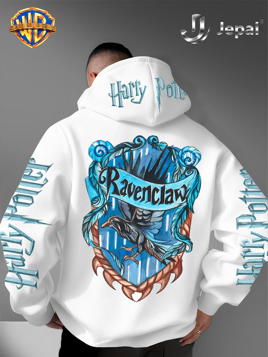 Warner Bros. Official, Trendy Cool American Street Style Harry Potter Badge Print Hooded Sweatshirt, Unisex American Street Style Long-Sleeve Top, Suitable for Daily and Outdoor Activities, an Excellent Warm Outerwear Choice for Autumn and Winter! - White