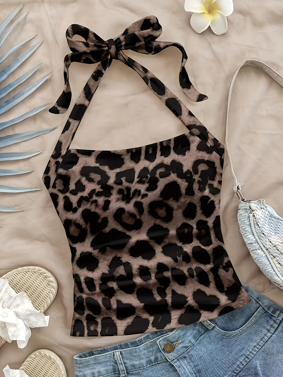 Women'S Halter Neck Leopard Print Vest, Fashion Casual Camisole Top with Tie Detail, Leopard Pattern/Casual Style/Halter Neckline, Adjustable Straps Off-Shoulder/Tie-Neck, Summer Casual Vacation Beachwear, All-Season Versatile Layering Piece - Mixed colors