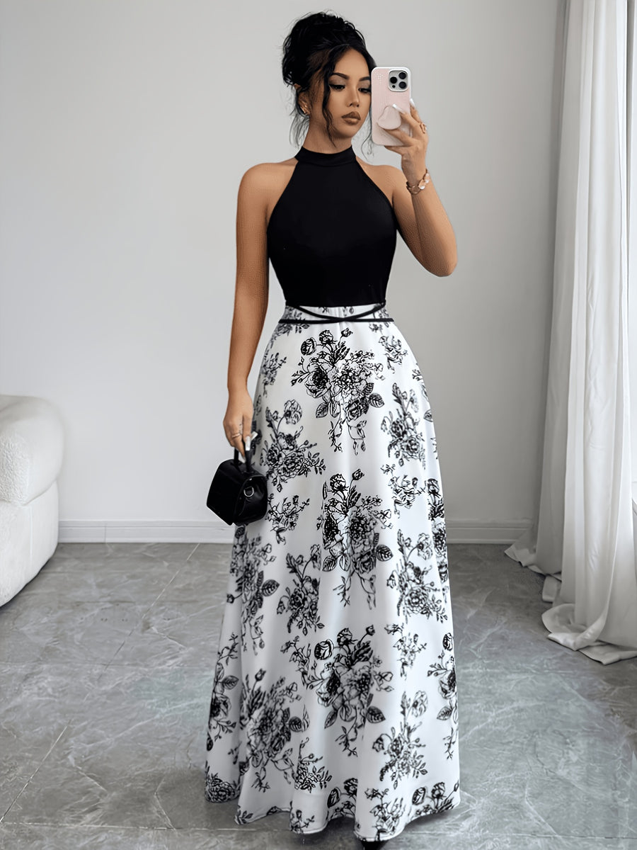 ASD1 Women's New Summer French-Style Patchwork Sleeveless Dress, Unique Design Printed Backless Color-Block Slim Fit Belted Dress - Black