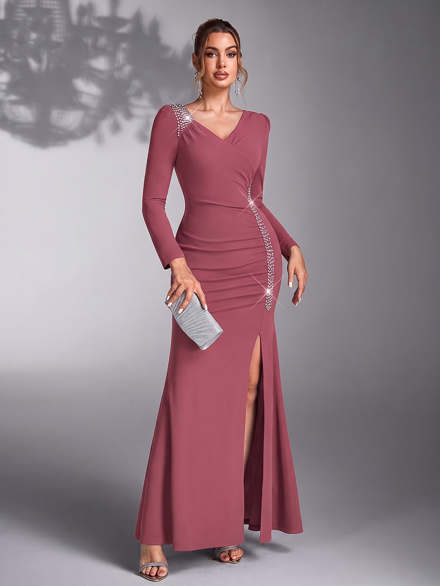Women's Sequin Patchwork Elegant Wedding Bridesmaid Evening Dress Gown - Pale Pinkish Gray