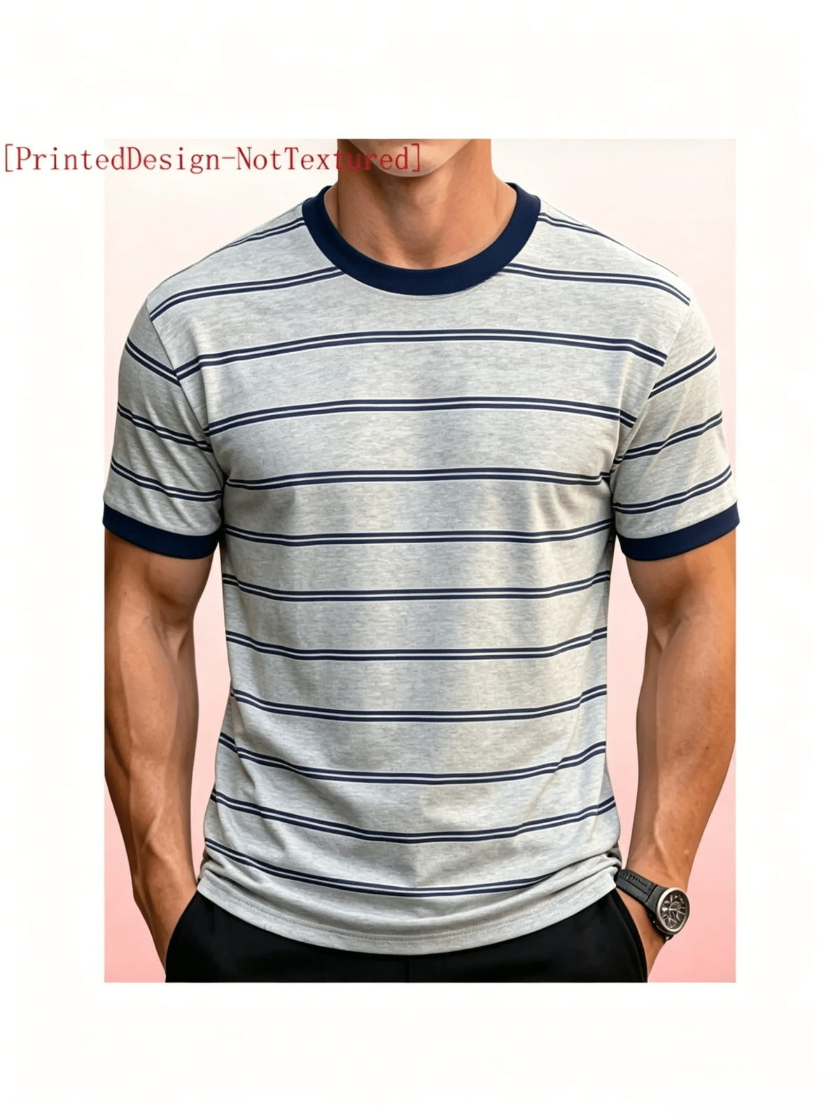 Men's American Vintage Short-Sleeve T-Shirt - Gray & Navy Striped Hem, Contrast Ribbed Crew Neck & Sleeves, Suitable for Campus, Streetwear, Daily Commuting - Machine Washable Casual Summer Top for College Style and Versatile Wear - Mixed colors