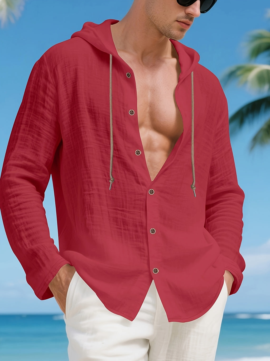 Men'S Casual Linen Hooded Shirt, Lightweight Breathable Fabric, Relaxed Fit Long Sleeve Design, Button Front Closure, Adjustable Drawstring Hood, Comfortable Pullover Style for Beach Vacations, Resort Travel, Yacht Trips, Camping, Outdoor Activities - Red
