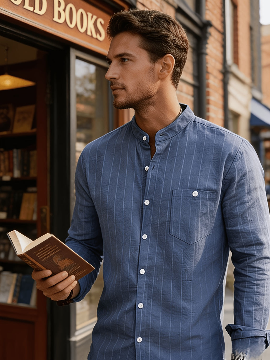 Men's Linen Long-Sleeve Striped Shirt for Spring, Autumn, and Summer, Suitable for Casual, Commuting, and Outings - Navy blue color