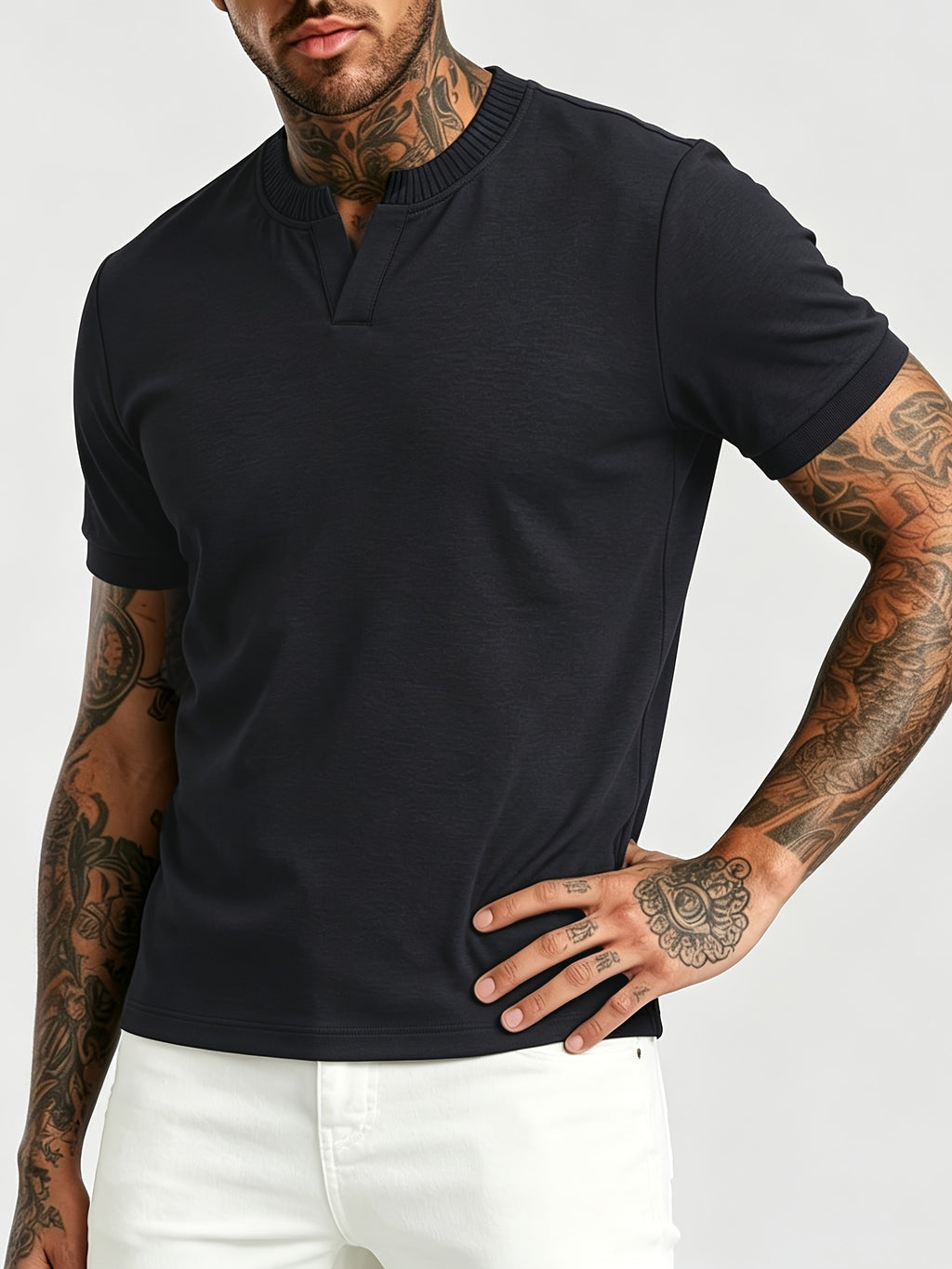 [Pearson OBM] Summer Cool Short Open V-Neck Men'S Henley Shirt, Stretchy Comfortable Solid Base Layer, Breathable And Flat Fit, Practical Men'S Birthday Gift Holiday Item, All-Scene Wear for Fitness, Hiking, Home, And Vacation - Black