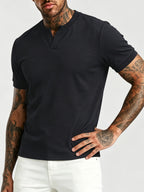 [Pearson OBM] Summer Cool Short Open V-Neck Men'S Henley Shirt, Stretchy Comfortable Solid Base Layer, Breathable And Flat Fit, Practical Men'S Birthday Gift Holiday Item, All-Scene Wear for Fitness, Hiking, Home, And Vacation - Black