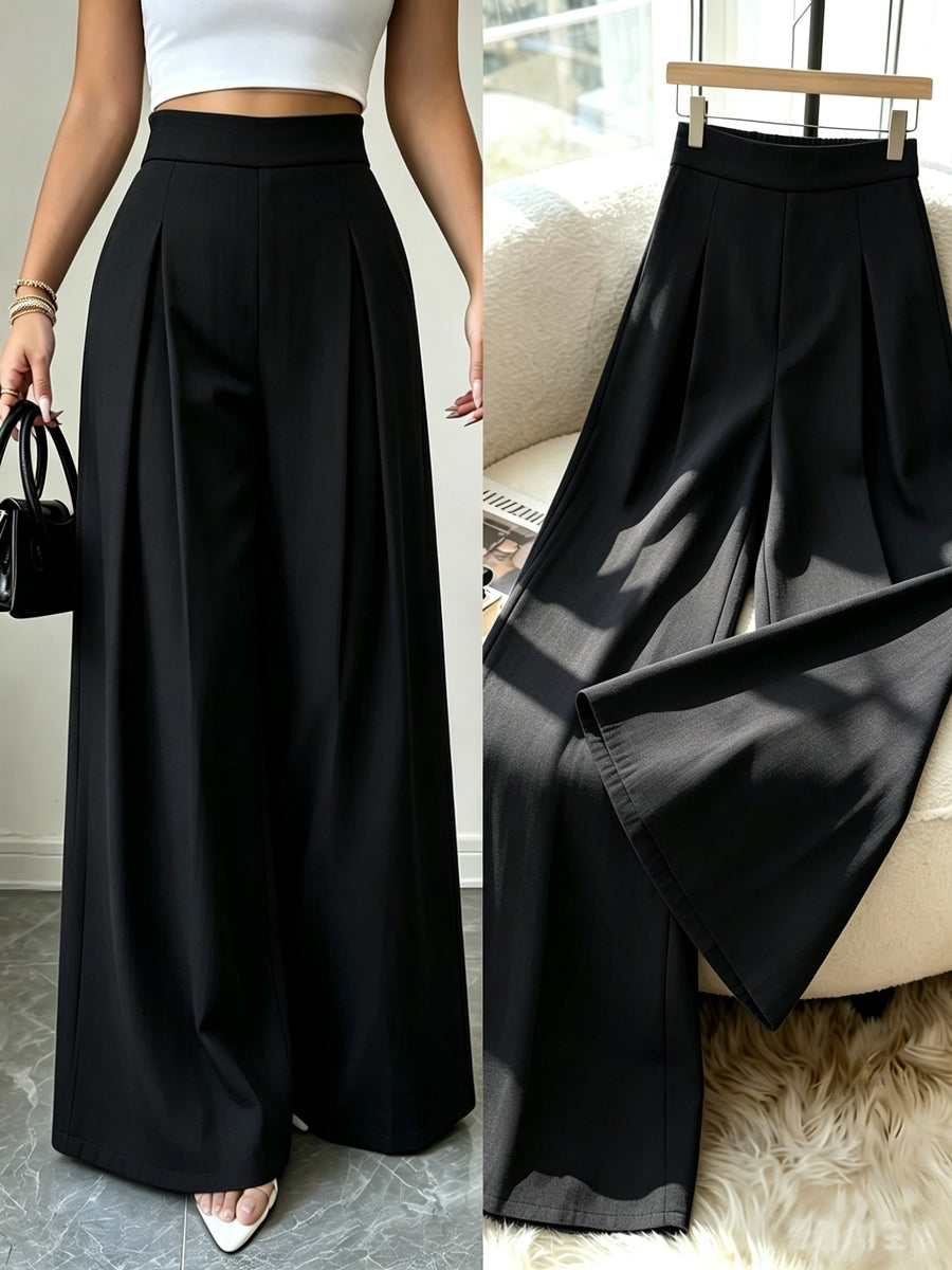 Women'S Dusty Blue Striped Trousers, High-Waist Elegant Summer Commuter Casual Pleated Elastic Waist Wide-Leg Pants, Suitable for Spring And Autumn - Black