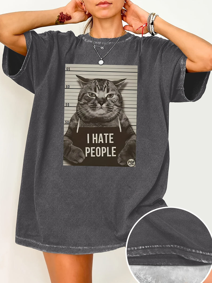 Cat Print Loose Round Neck Fashion Women's Wash Short Sleeve, Women's Clothing - Grey