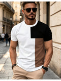 [Print Design - Not Textured] Men'S Logo Print Short Sleeve T-Shirt, Geometric Color-Block Patchwork Black White Brown Squares Print, Fashionable Versatile Short Sleeve Top, Suitable for Gifting, Holiday Present, And a Good Choice for Dates - Mixed colors