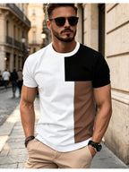 [Print Design - Not Textured] Men'S Logo Print Short Sleeve T-Shirt, Geometric Color-Block Patchwork Black White Brown Squares Print, Fashionable Versatile Short Sleeve Top, Suitable for Gifting, Holiday Present, And a Good Choice for Dates - Mixed colors
