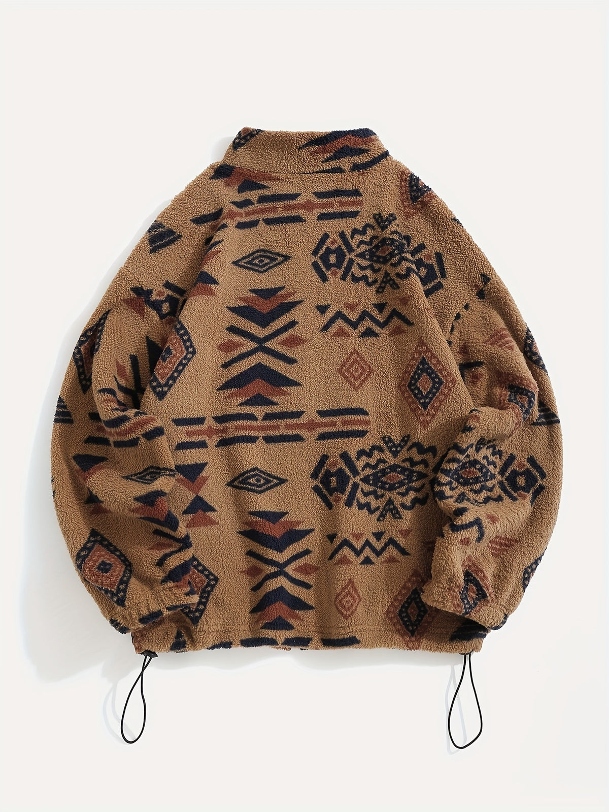 Women's Ethnic Print Microfleece Plush Zip-Up Jacket - Rust