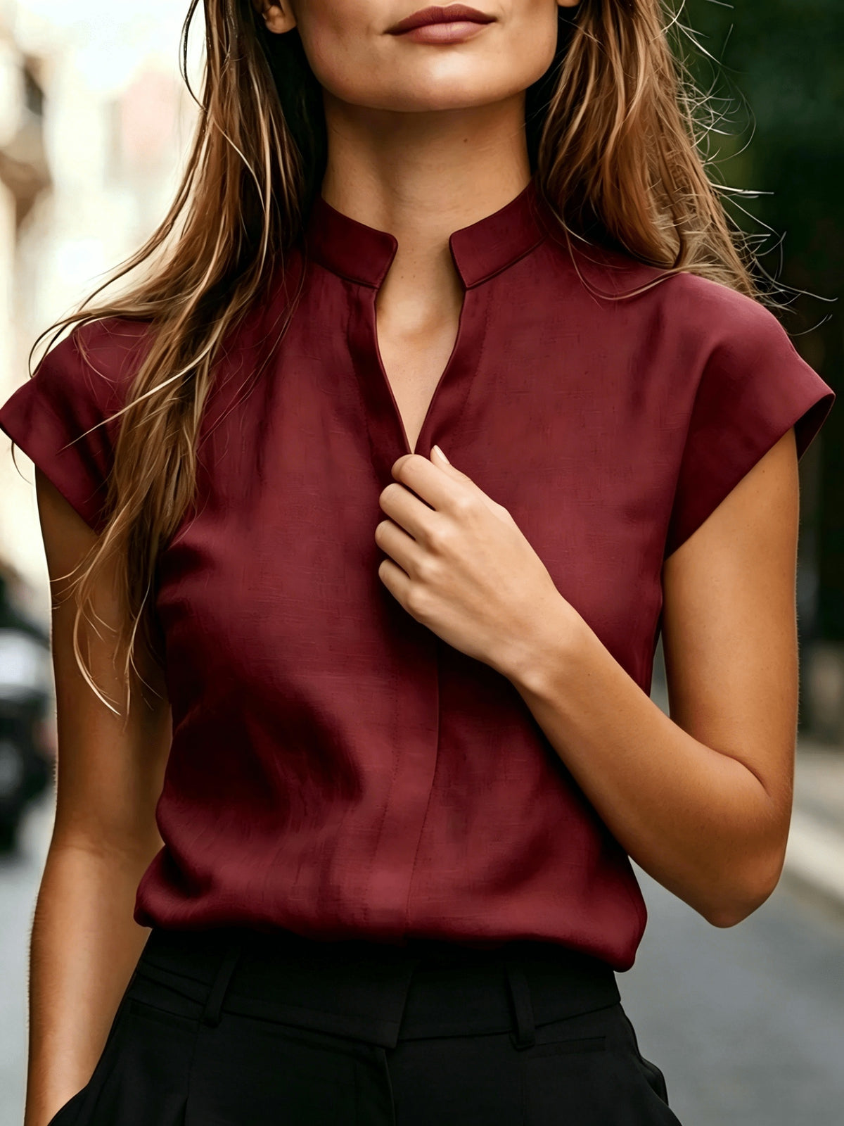 Stand-Up Collar Sleeveless Shirt Women'S Summer Commute V-Neck Top Temperament Office Blouse Women'S Summer Clothing - Burgundy