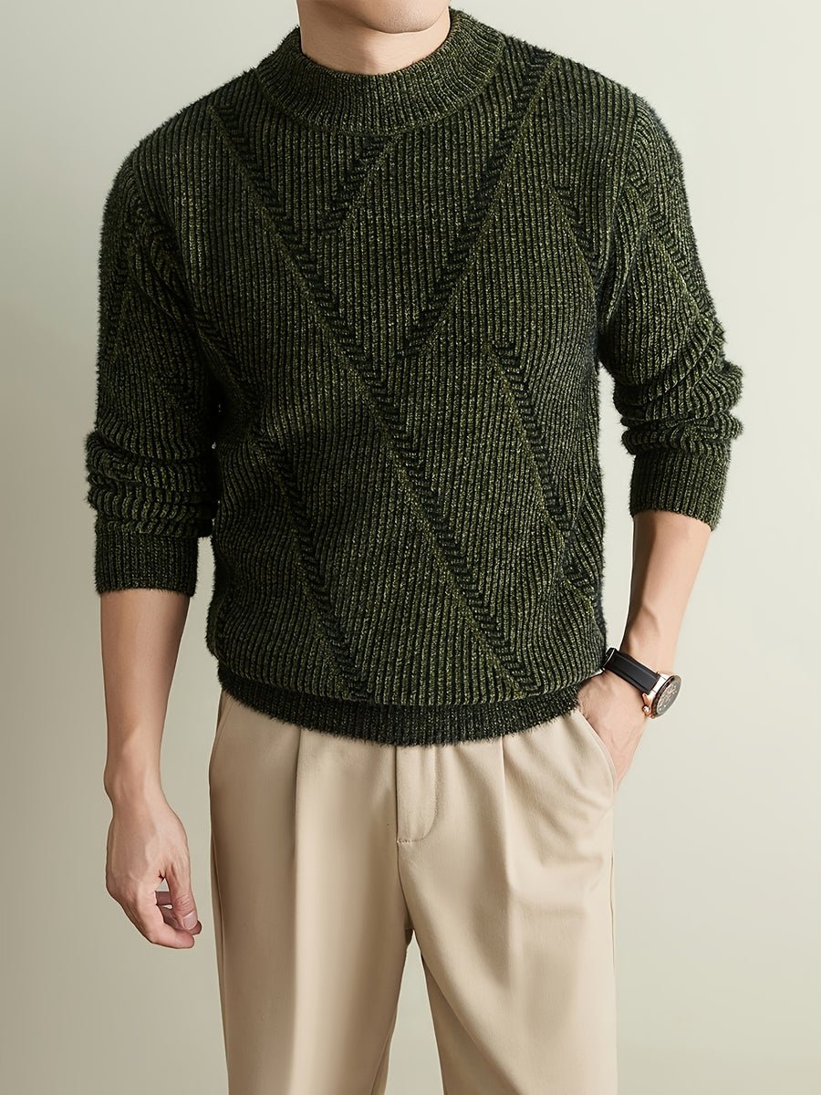 Men'S Olive Green Herringbone Knit Crew Neck Sweater, Textured Long Sleeve Pullover with Ribbed Trim, Old Money Fall Winter Top - Olive Green Color