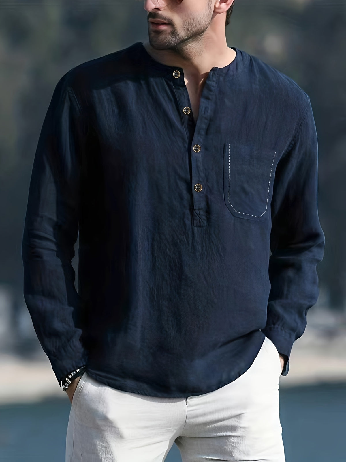 Men'S Fashion Comfortable Spring Summer Skin-Friendly Breathable Long Sleeve Henley Shirt - Navy Color