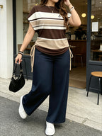 Ladies Two-Piece Set - Casual Minimalist Vacation Style Two-Piece Set - Red And Blue Stripe Design, Suitable for Summer And Autumn Transition Wear, Bow Side Drawstring - Mix color 5